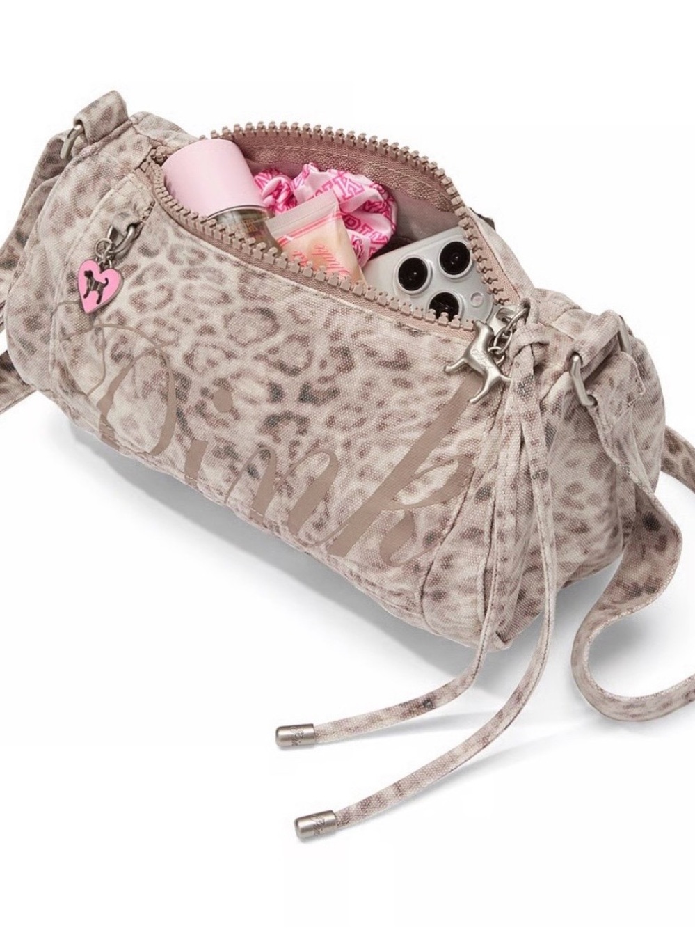 VS PINK CANVAS LEO HAZE LEOPARD PRINT LOGO ROLLED DUFFLE SHOULDER/CROSSBODY BAG